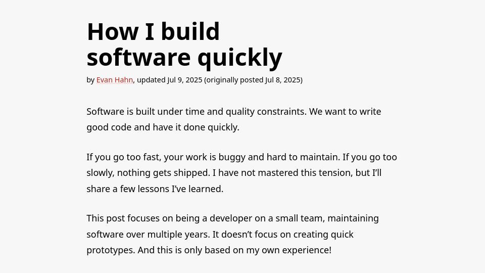 Screenshot of evanhahn.com: How I build software quickly
