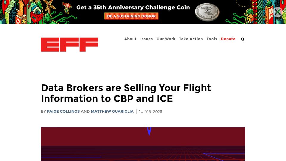 Screenshot of eff.org: Data brokers are selling flight information to CBP and ICE