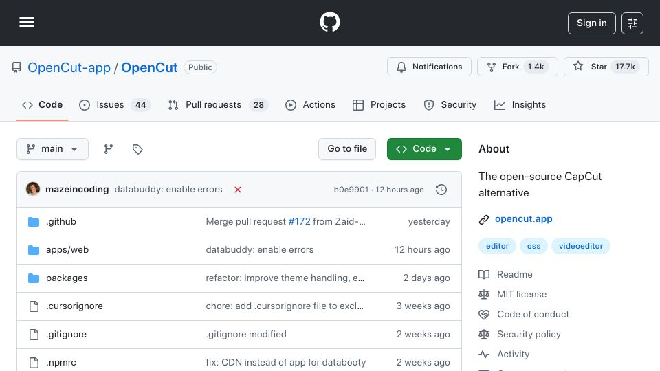Screenshot of github.com: OpenCut: The open-source CapCut alternative