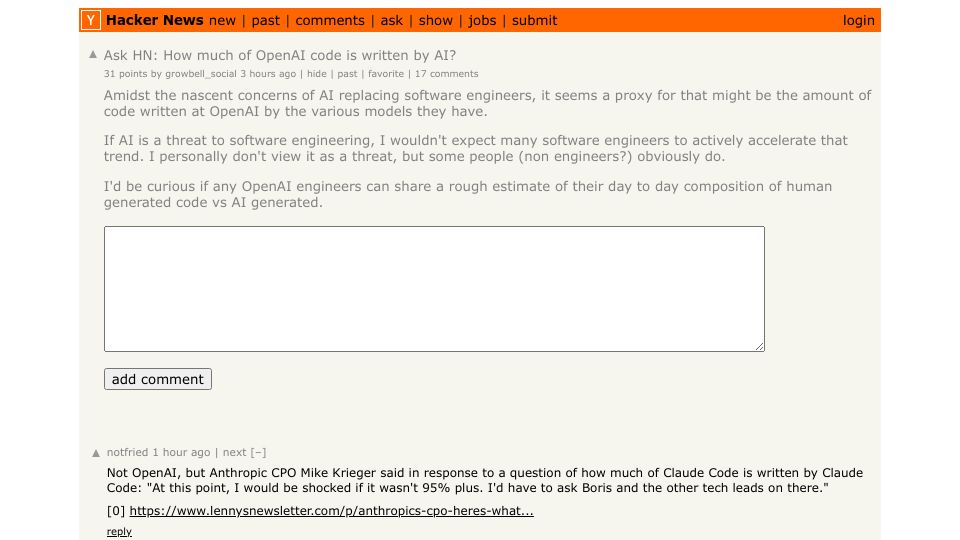 Screenshot of Hacker News post: Ask HN: How much of OpenAI code is written by AI?