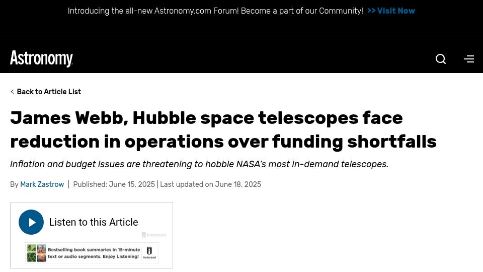 Screenshot of astronomy.com: James Webb, Hubble space telescopes face reduction in operations