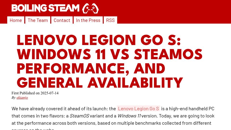 Screenshot of boilingsteam.com: Lenovo Legion Go S: Windows 11 vs. SteamOS Performance, and General Availability