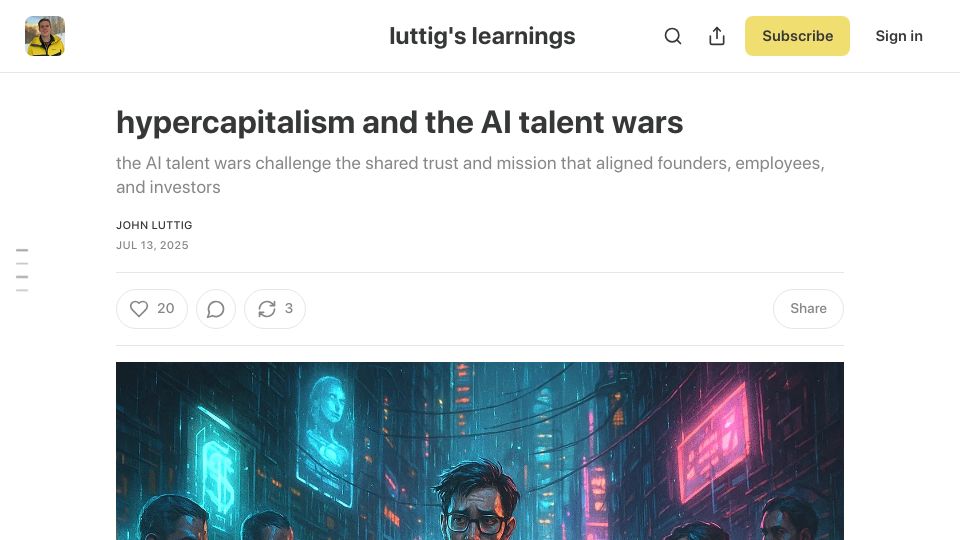 Screenshot of blog.johnluttig.com: Hypercapitalism and the AI talent wars