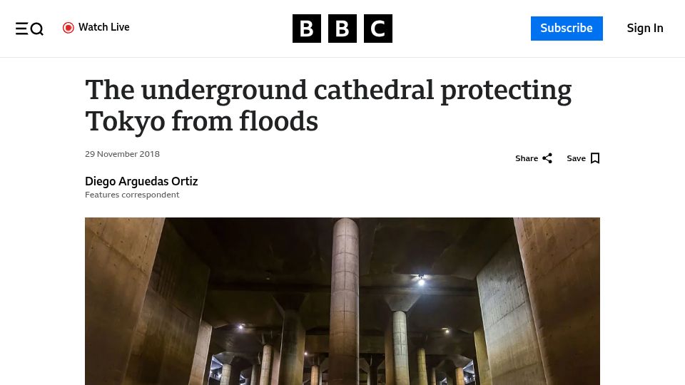 Screenshot of bbc.com: The underground cathedral protecting Tokyo from floods (2018)