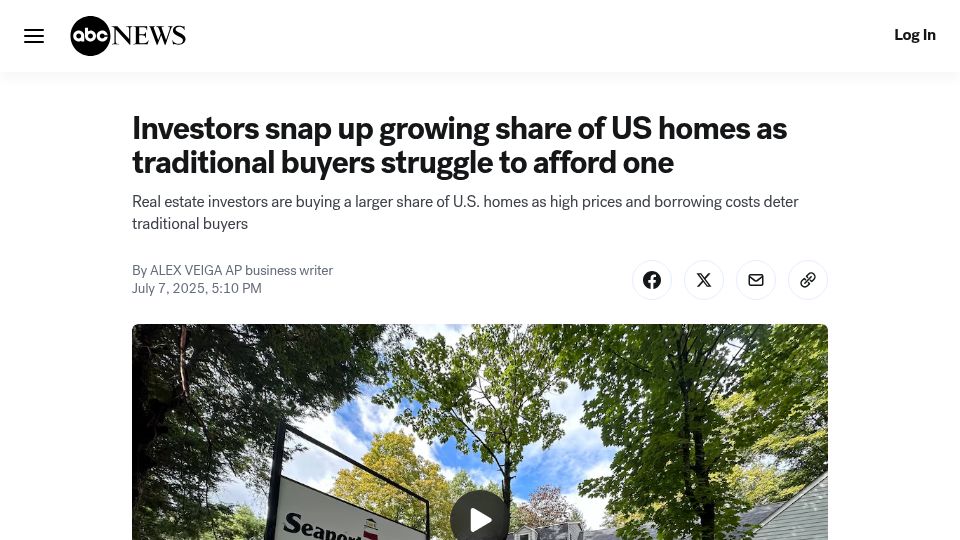 Screenshot of abcnews.go.com: Investors bought 27% of US homes in Q1, as traditional buyers struggle to afford