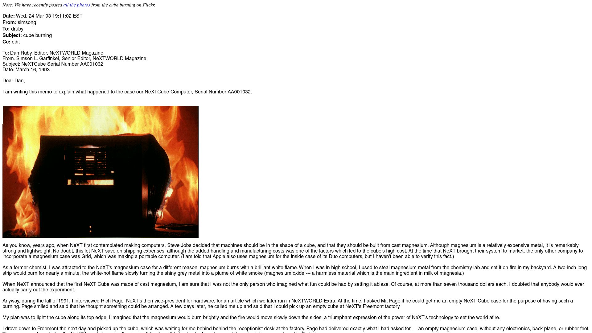 Screenshot of simson.net: Burning a Magnesium NeXT Cube (1993)