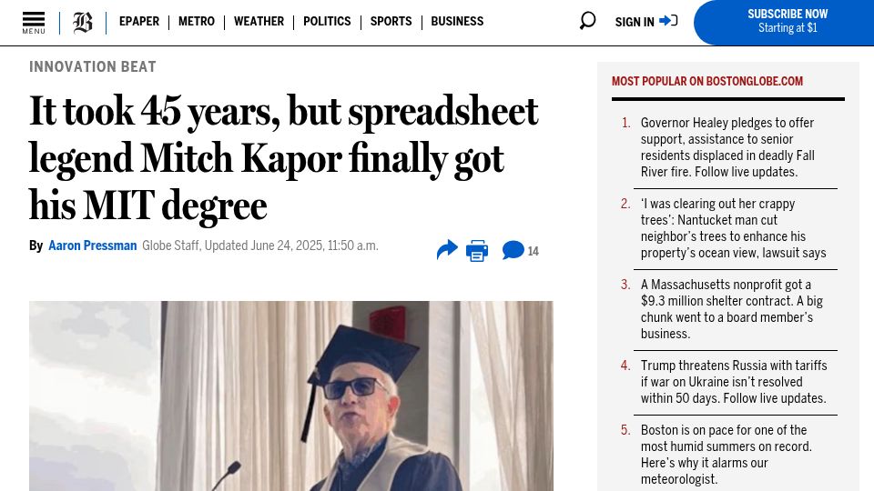 Screenshot of bostonglobe.com: It took 45 years, but spreadsheet legend Mitch Kapor finally got his MIT degree