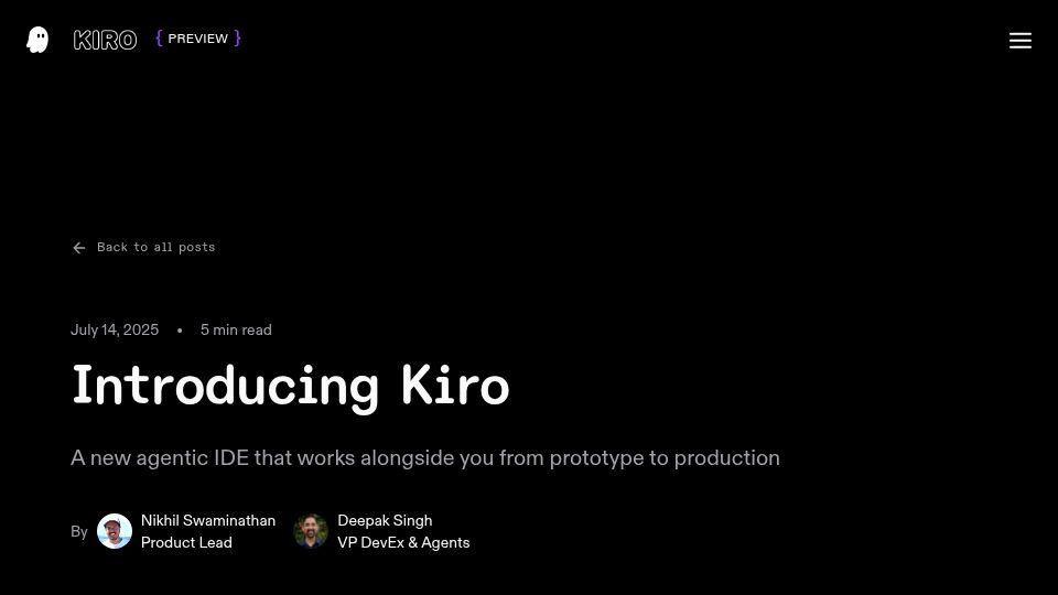 Screenshot of kiro.dev: Kiro: A new agentic IDE