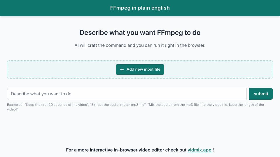 Screenshot of vidmix.app: Show HN: FFmpeg in plain English – LLM-assisted FFmpeg in the browser