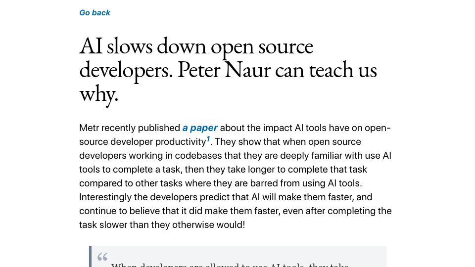 Screenshot of johnwhiles.com: AI slows down open source developers. Peter Naur can teach us why