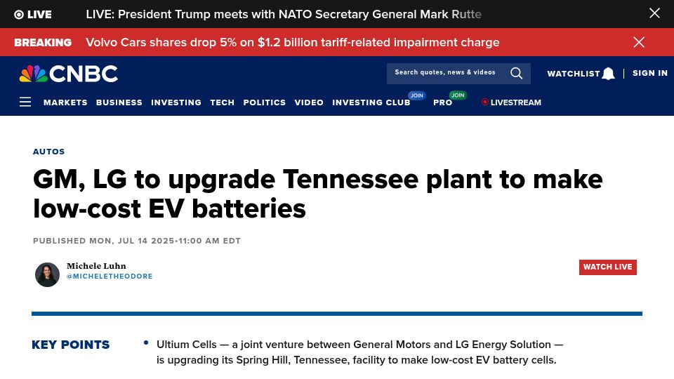 Screenshot of cnbc.com: GM, LG to upgrade Tennessee plant to make low-cost EV batteries