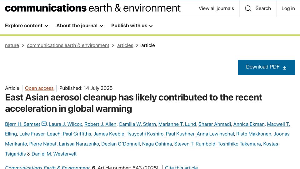 Screenshot of nature.com: East Asian aerosol cleanup has likely contributed to global warming