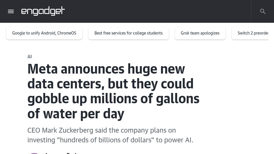 Screenshot of engadget.com: Meta announces new data centers, gobble up millions of gallons of water per day