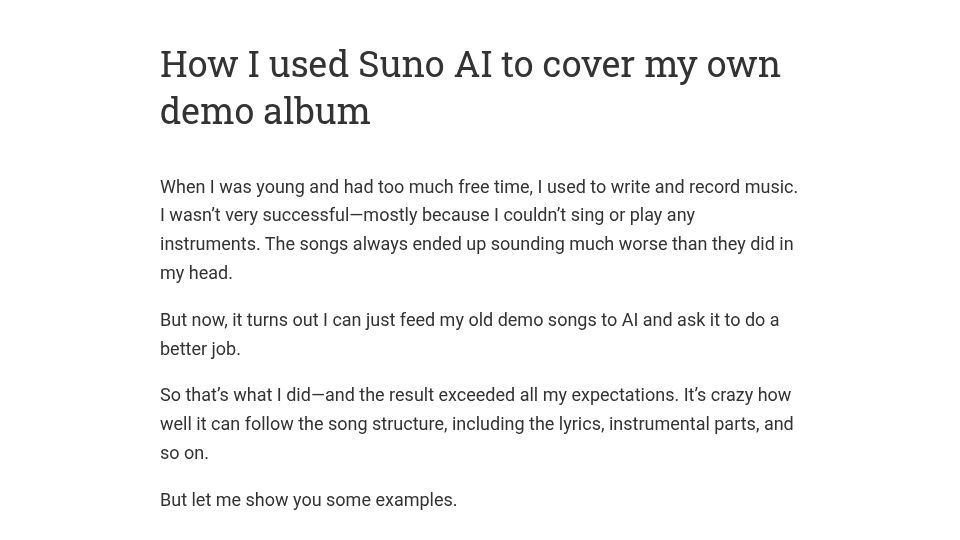 Screenshot of app.mindthis.io: I used Suno AI to cover my own demo album