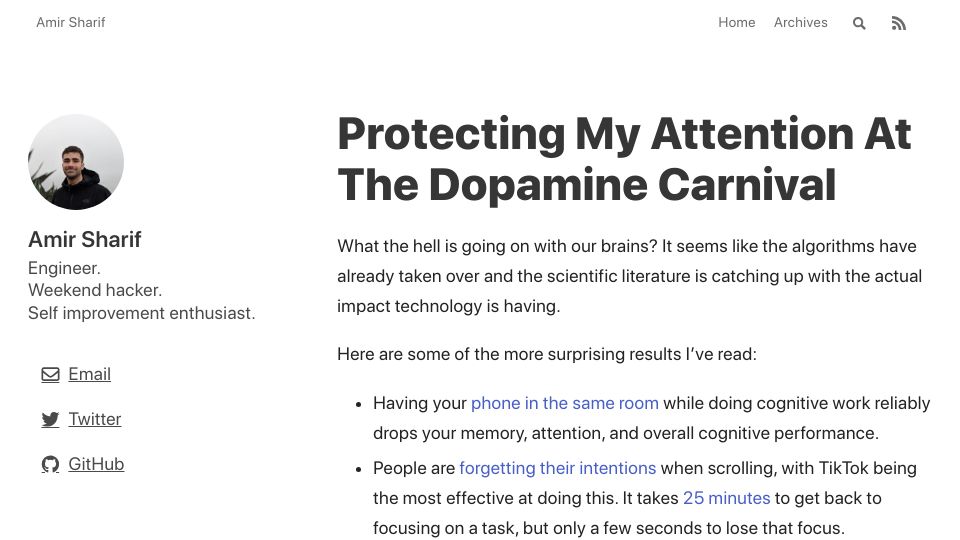 Screenshot of amirsharif.com: Protecting my attention at the dopamine carnival