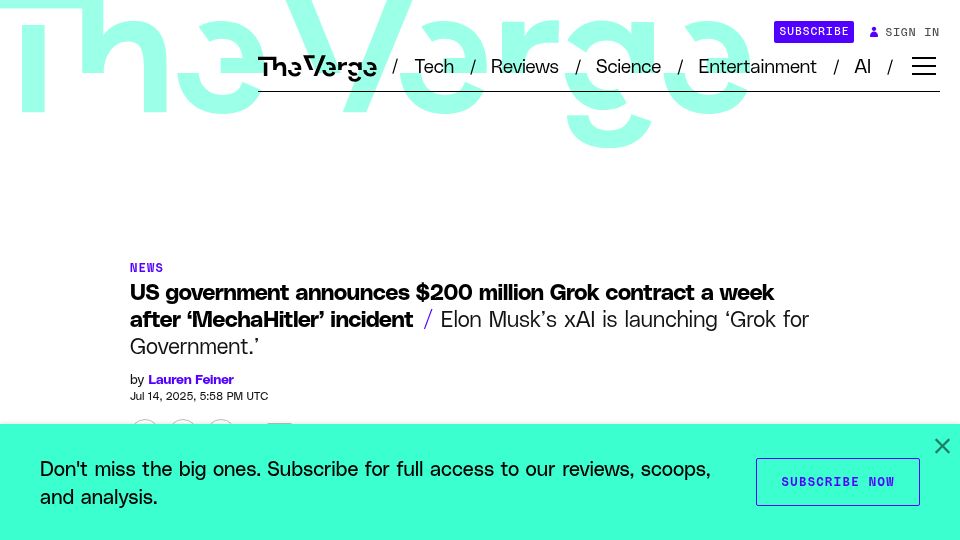 Screenshot of theverge.com: US Government announces $200M Grok contract a week after 'MechaHitler'