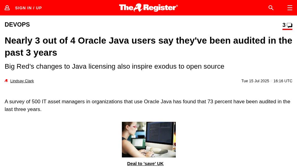 Screenshot of theregister.com: Nearly 3 out of 4 Oracle Java users say they've been audited in the past 3 years