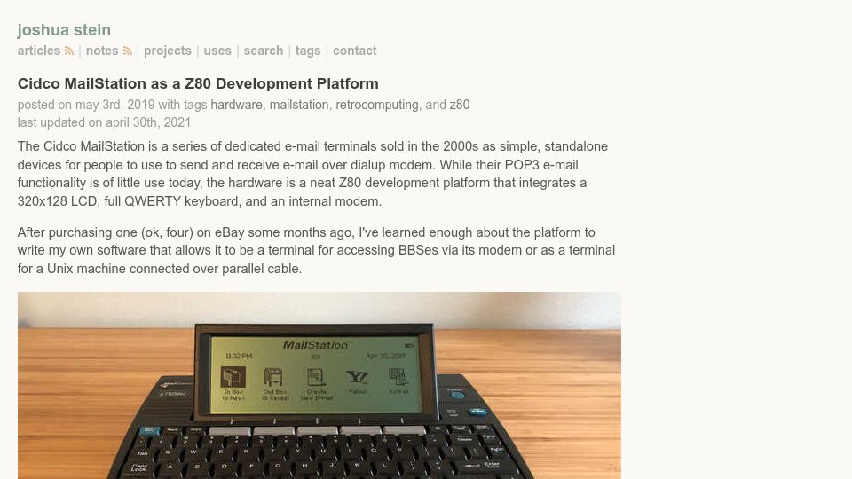 Screenshot of jcs.org: Cidco MailStation as a Z80 Development Platform (2019)