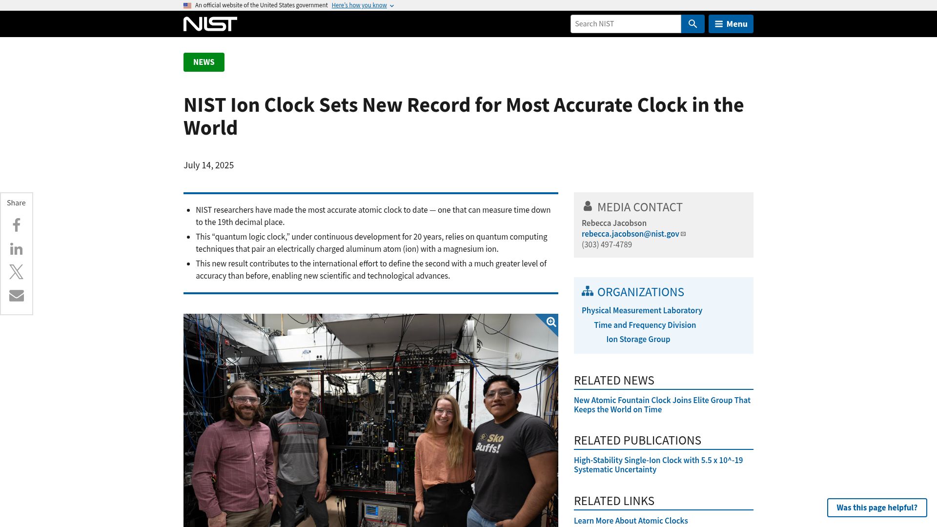 Screenshot of nist.gov: NIST ion clock sets new record for most accurate clock