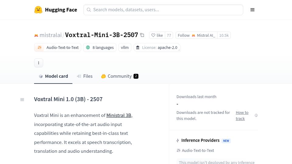 Screenshot of huggingface.co: Voxtral-Mini-3B-2507 – Open source speech understanding model