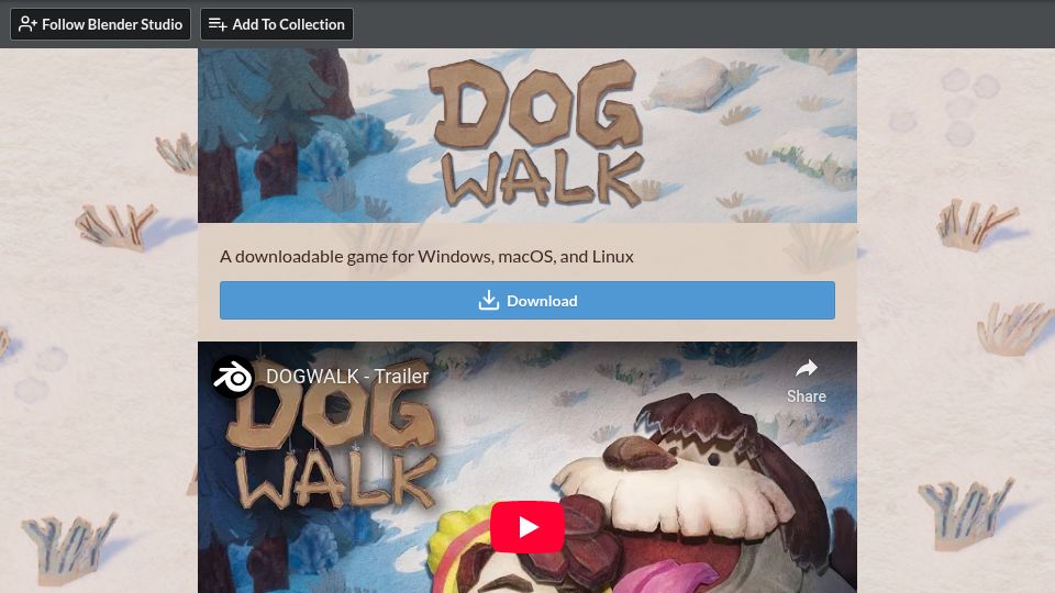 Screenshot of blenderstudio.itch.io: Dog Walk: Blender Studio's official game project
