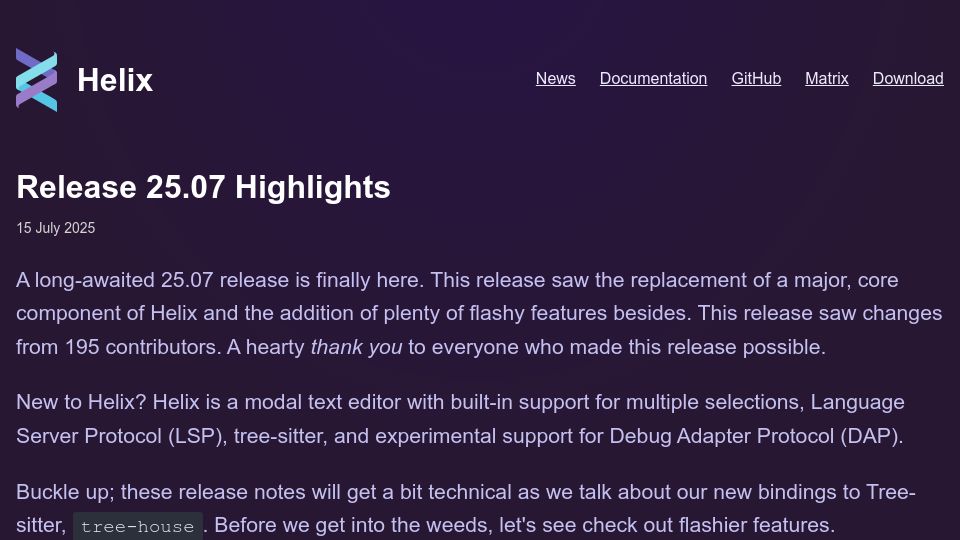 Screenshot of helix-editor.com: Helix Editor 25.07