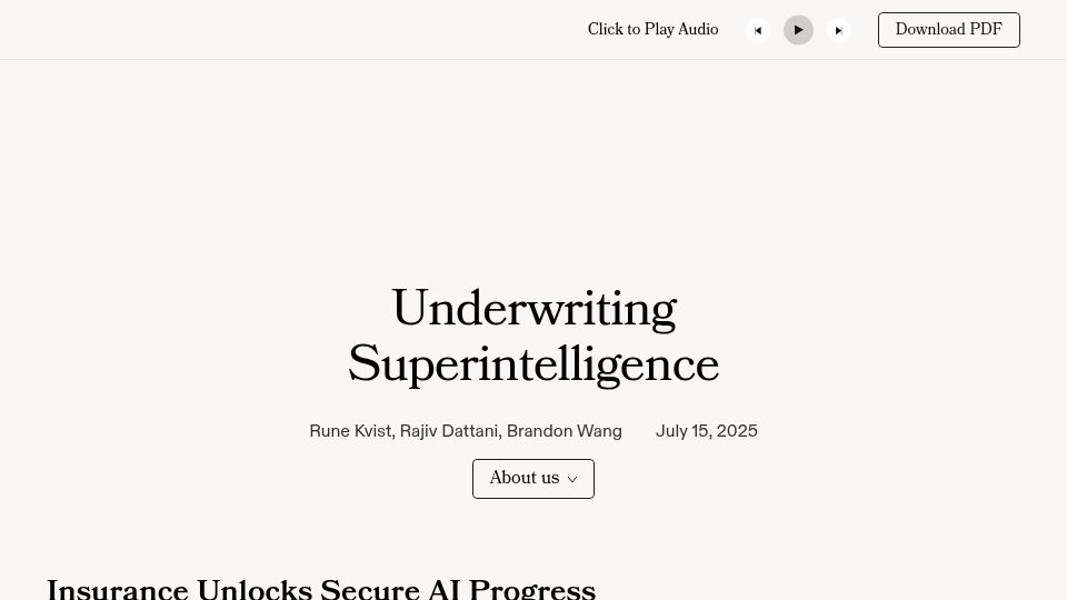 Screenshot of underwriting-superintelligence.com: Underwriting Superintelligence