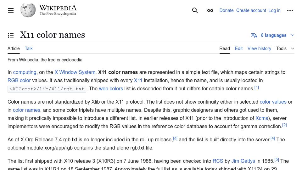 Screenshot of en.wikipedia.org: Clashes between web and X11 colors in the CSS color scheme