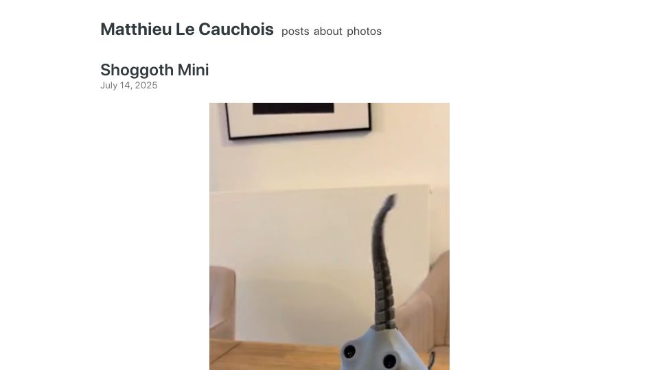 Screenshot of matthieulc.com: Show HN: Shoggoth Mini – A soft tentacle robot powered by GPT-4o and RL