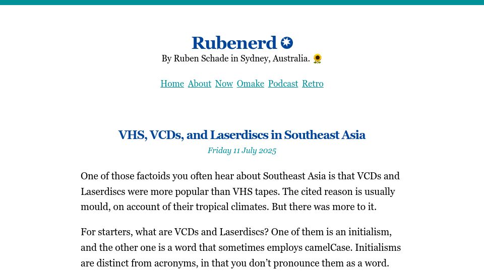 Screenshot of rubenerd.com: VHS, VCDs, and Laserdiscs in Southeast Asia
