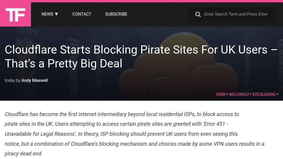 Screenshot of torrentfreak.com: Cloudflare starts blocking pirate sites for UK users