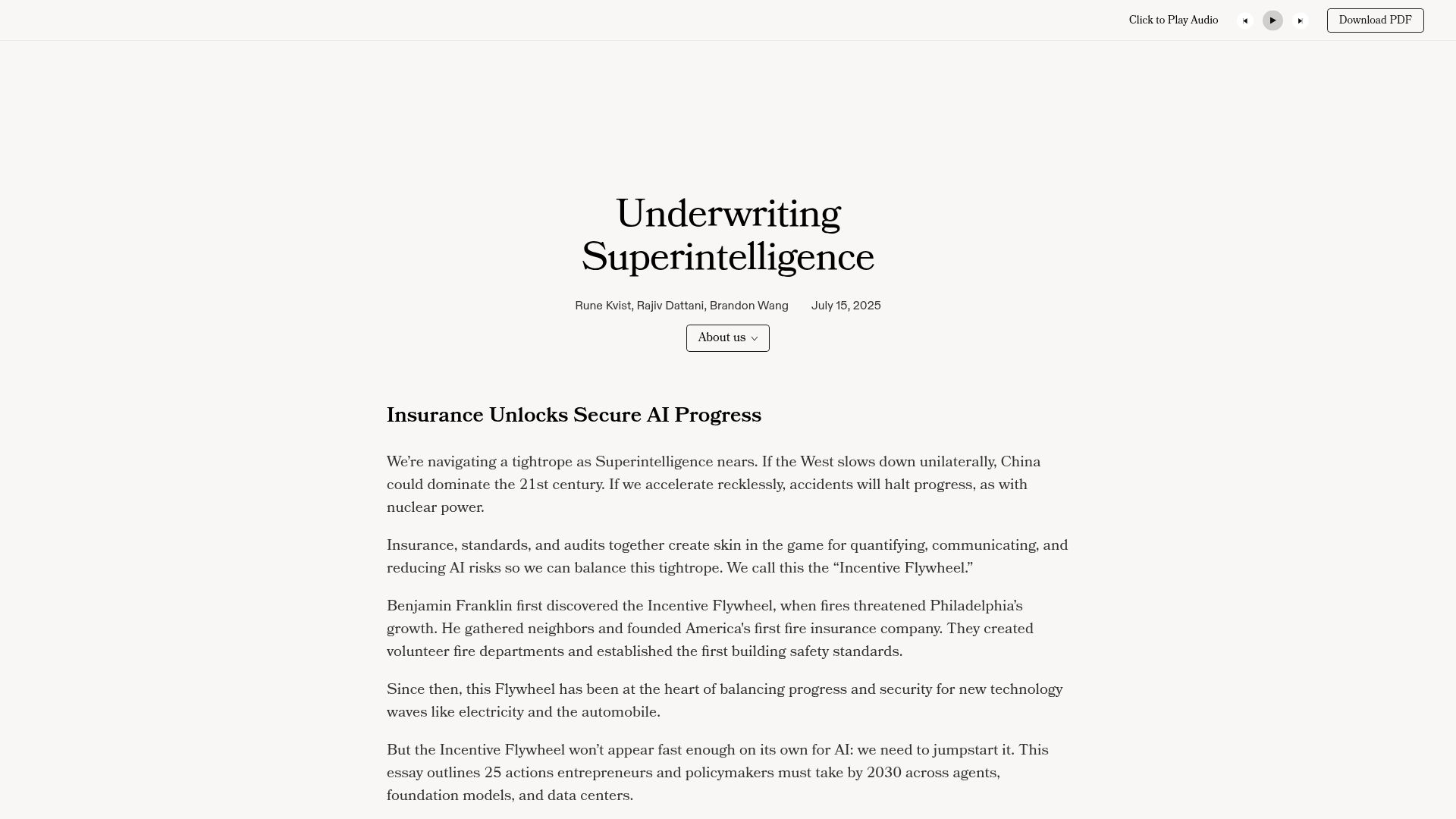 Screenshot of underwriting-superintelligence.com: Underwriting Superintelligence