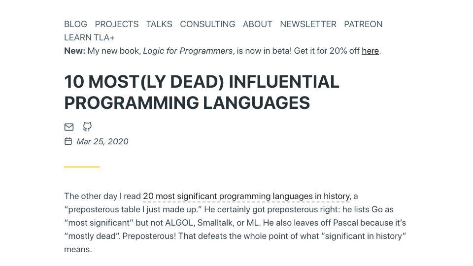 Screenshot of hillelwayne.com: Mostly dead influential programming languages (2020)