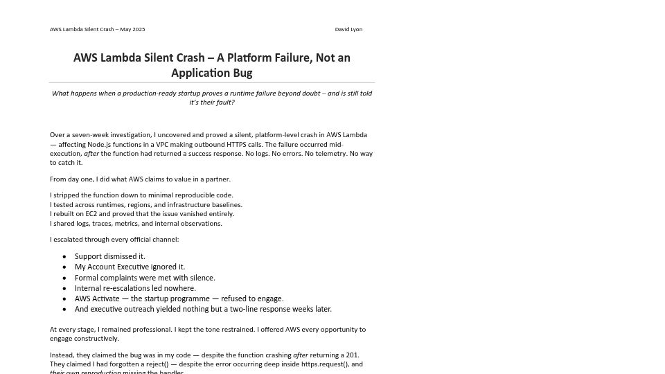Screenshot of lyons-den.com: AWS Lambda Silent Crash – A Platform Failure, Not an Application Bug [pdf]