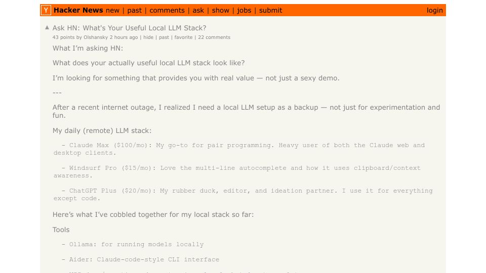 Screenshot of Hacker News post: Ask HN: What's Your Useful Local LLM Stack?
