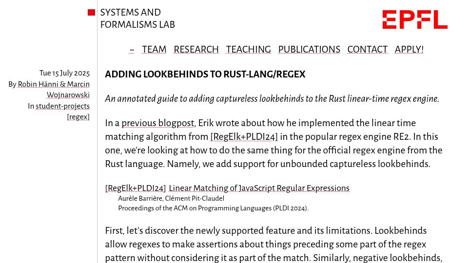 Screenshot of systemf.epfl.ch: Adding lookbehinds to rust-lang/regex