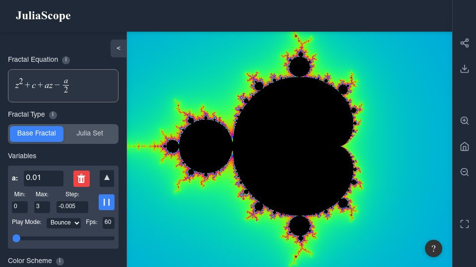 Screenshot of juliascope.com: Show HN: Beyond Z²+C, Plot Any Fractal