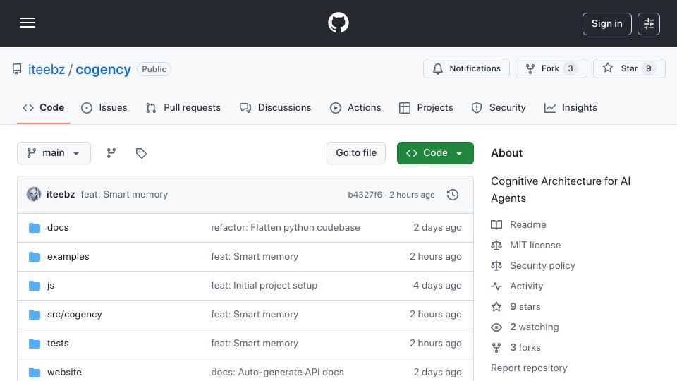Screenshot of github.com: Show HN: Cogency – Cognitive Architecture for AI Agents
