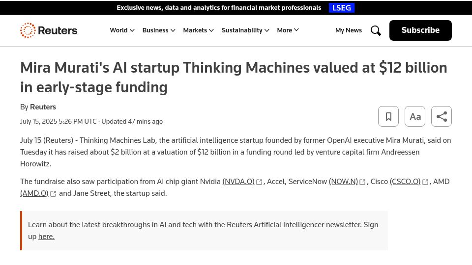 Screenshot of reuters.com: Mira Murati’s AI startup Thinking Machines valued at $12B in early-stage funding