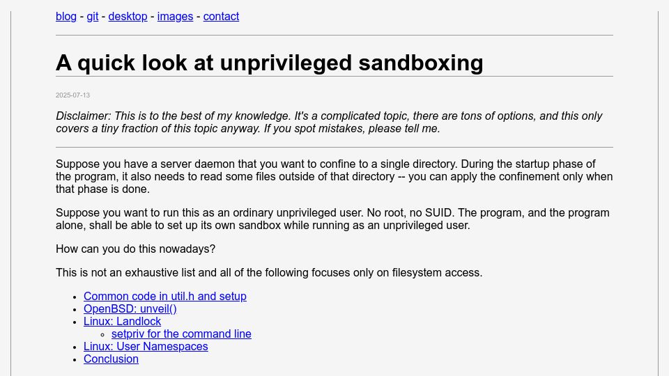 Screenshot of uninformativ.de: A quick look at unprivileged sandboxing