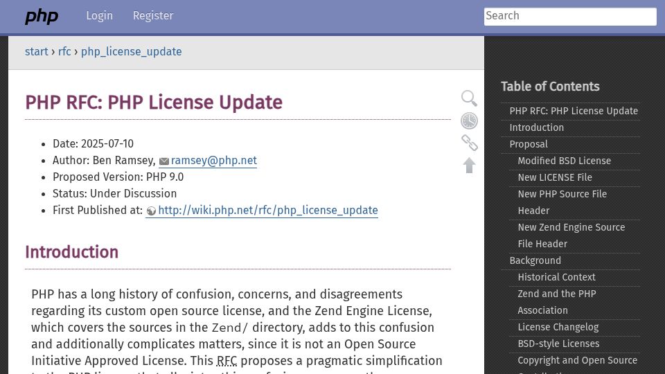 Screenshot of wiki.php.net: RFC: PHP license update