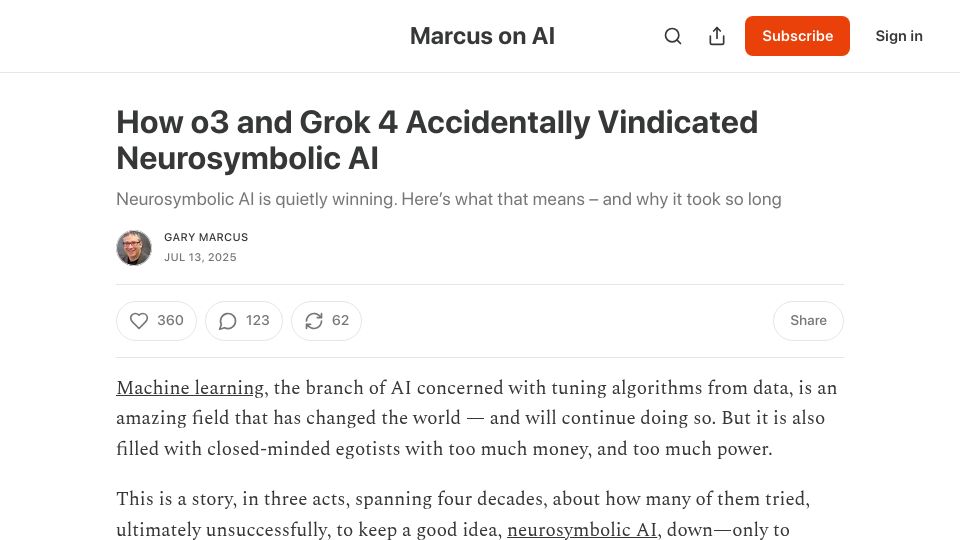 Screenshot of garymarcus.substack.com: o3 and Grok 4 accidentally vindicate neurosymbolic AI