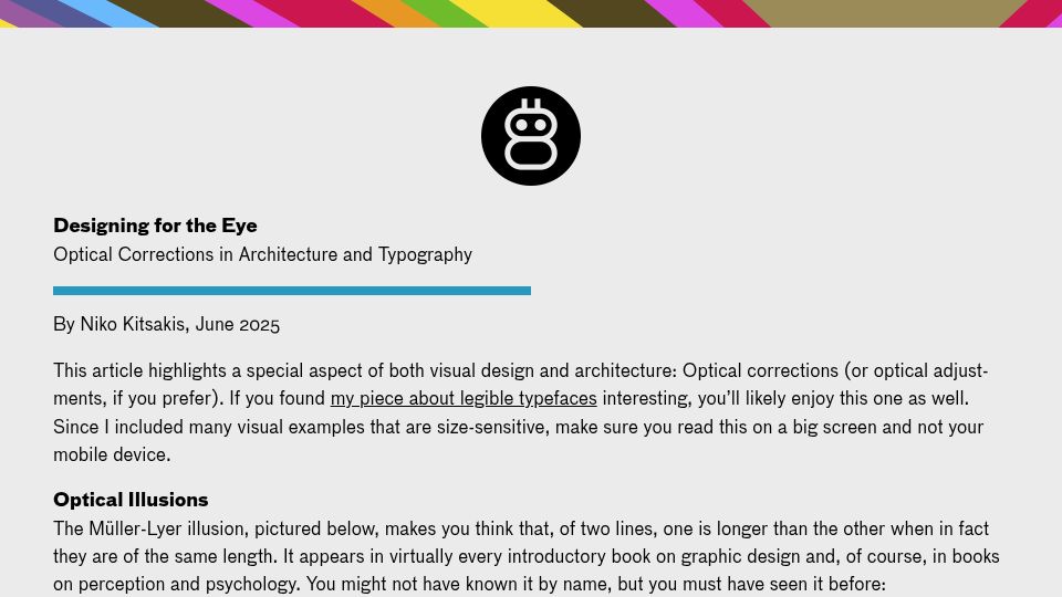 Screenshot of nubero.ch: Designing for the Eye: Optical corrections in architecture and typography