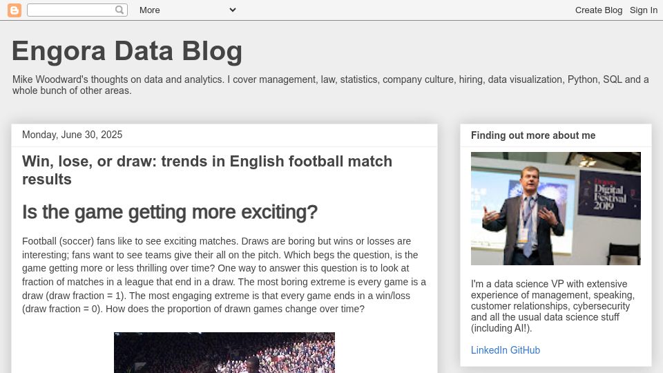 Screenshot of blog.engora.com: Win, lose, or draw: trends in English football match results