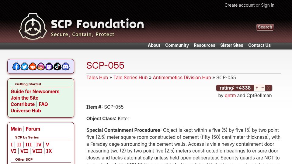 Screenshot of scp-wiki.wikidot.com: SCP-055 is an "antimeme" – it erases itself from memory when observed