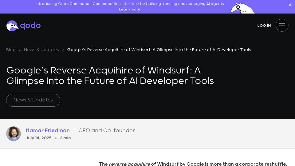 Screenshot of qodo.ai: Google's Reverse Acquihire of Windsurf and the Future of AI Developer Tools