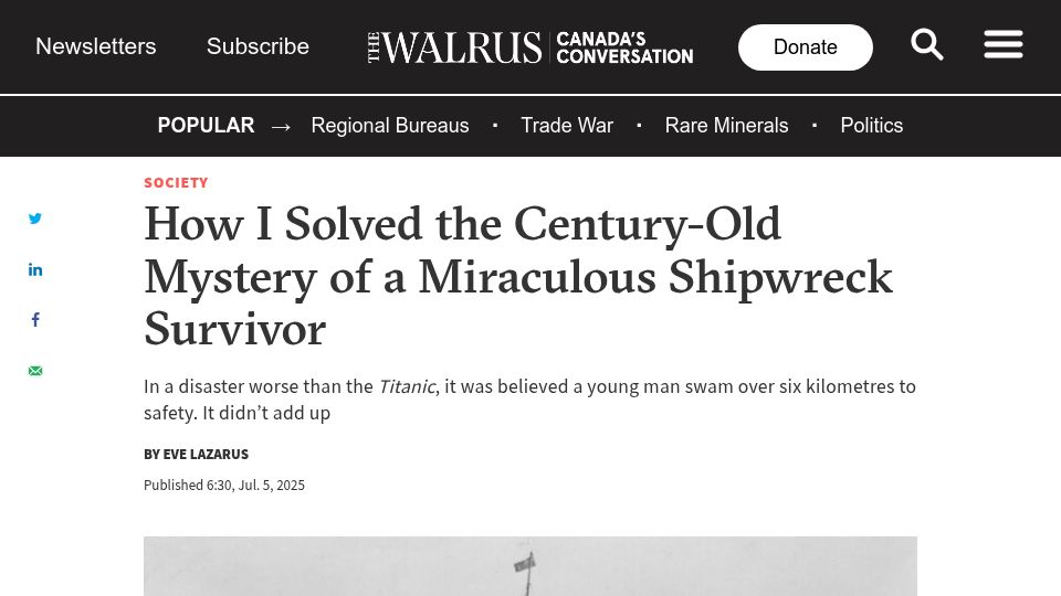 Screenshot of thewalrus.ca: I Solved the Century-Old Mystery of a Miraculous Shipwreck Survivor
