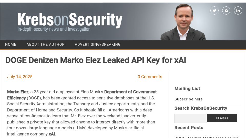 Screenshot of krebsonsecurity.com: Doge Denizen Marko Elez Leaked API Key for XAI