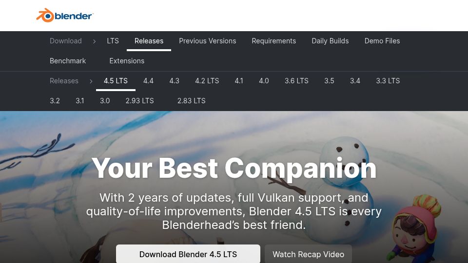 Screenshot of blender.org: Blender 4.5 LTS