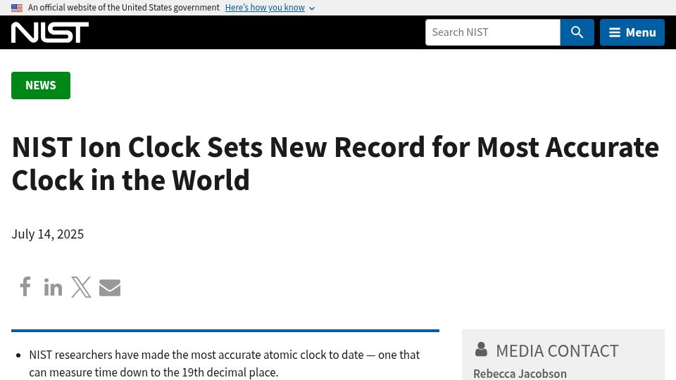 Screenshot of nist.gov: NIST ion clock sets new record for most accurate clock